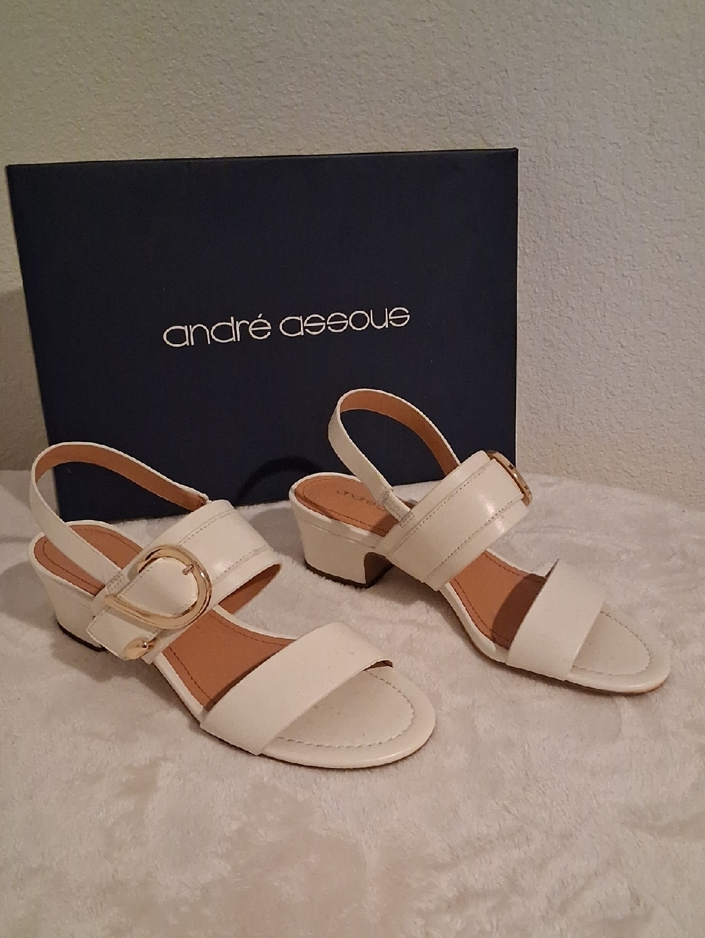 Andre Assous Cream Leather Slingback Sandals with Gold Buckle